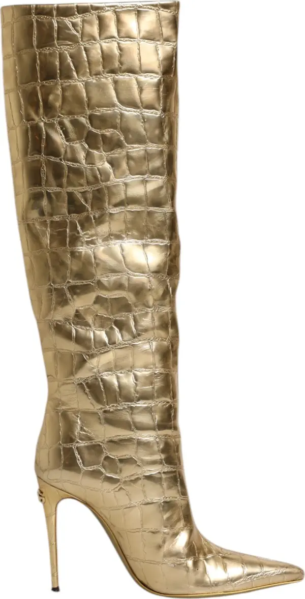 Gold Leather Stiletto Heels High Boots Shoes