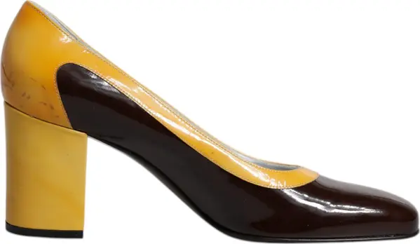 Yellow Brown Leather Block Heel Pumps Shoes