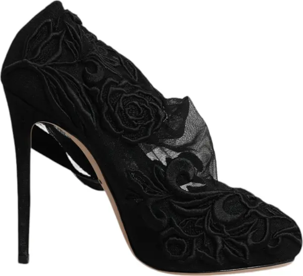 Black Tulle Stretch Heels Mid Calf Boots Shoes