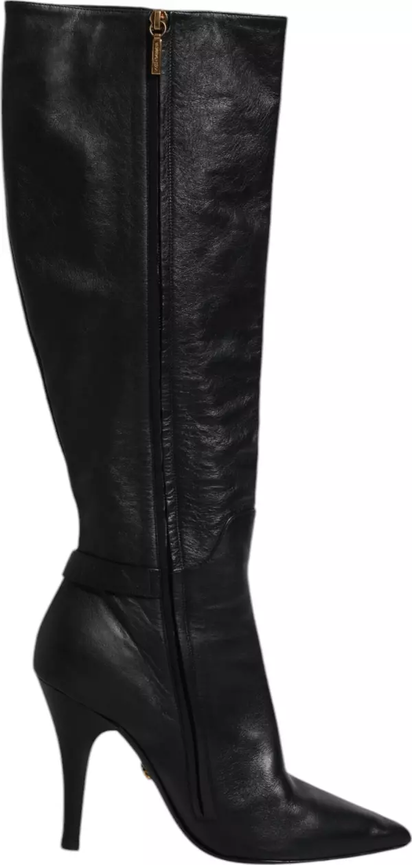 Black Leather Heels Knee High Boots Shoes