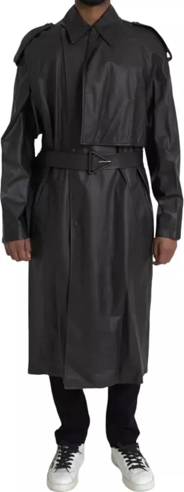 Black Leather Men Waterproof Trenchcoat Jacket