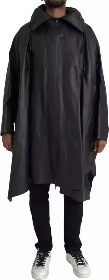 Black Leather Hooded Men Trenchcoat Jacket
