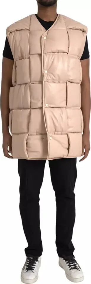 Beige Quilted Sleeveless Calf Leather Jacket