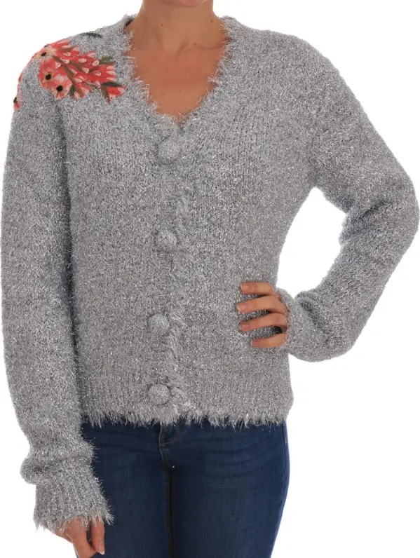 Silver Cardigan Floral Applique Sweater