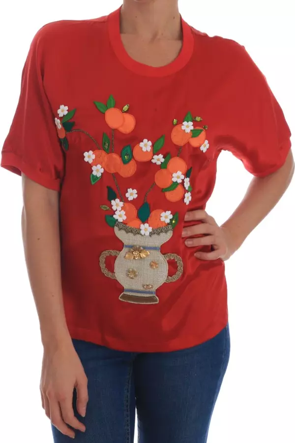 Red Silk Oranges Floral Crystal Blouse