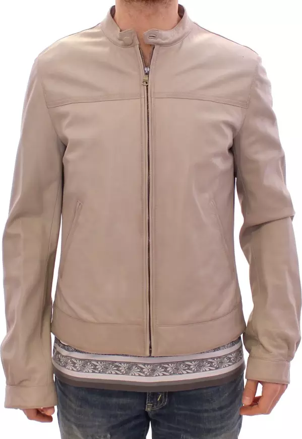 Beige Leather Jacket Biker Coat