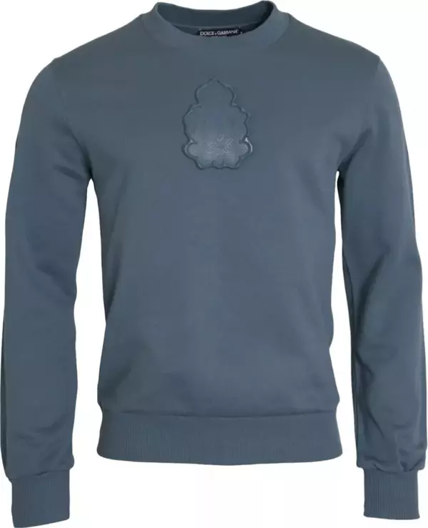 Blue Cotton Logo Patch Crew Neck Men Pullover Sweater