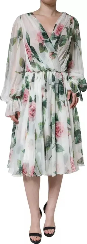 White Silk Floral Print A-line Midi Dress