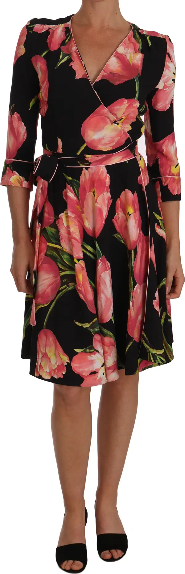 Black Pink Tulip Print Stretch Shift Dress