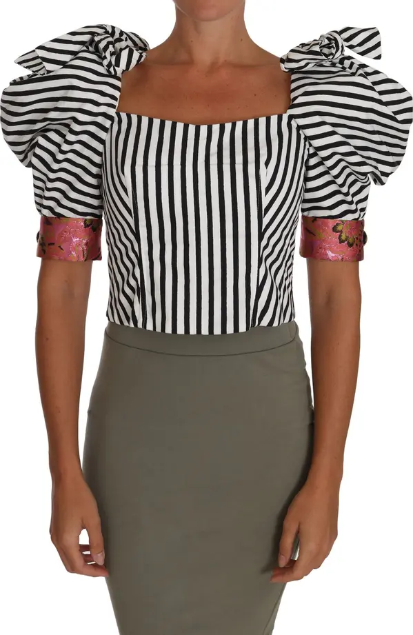 White Black Striped Cropped Top Puff Sleeve Shirts