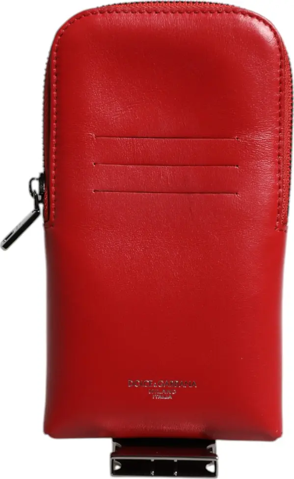 Red Leather Logo Zip Around Card Holder Wide Strap Wallet