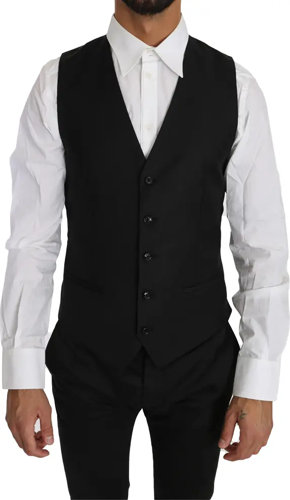 Black Solid Wool Silk Waistcoat Vest