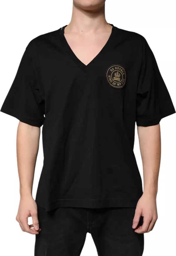 Black Cotton Logo Vneck Short Sleeve T-shirt