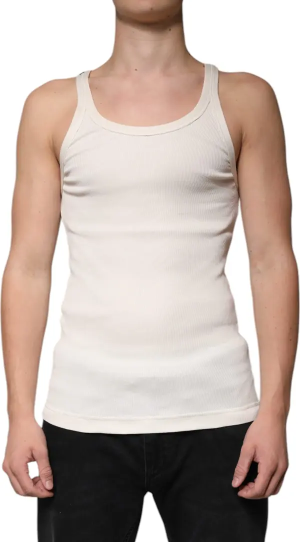 Off White Cotton Sleeveless Round Neck Tank T-shirt