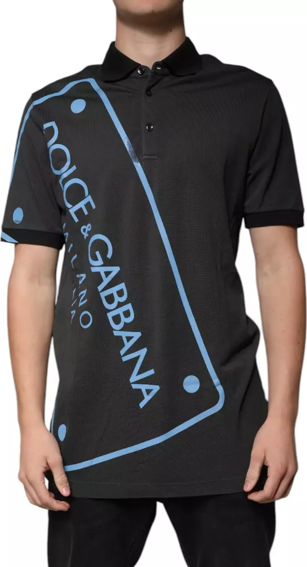Black Logo Print Collared Cotton Polo T-shirt