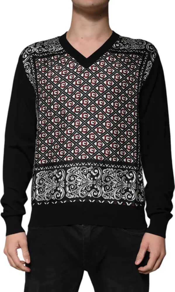 Black Logo Wool V-neck Pullover Sweater