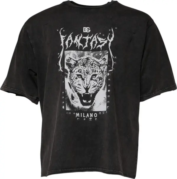 Gray Leopard Print Cotton Crew Neck T-shirt