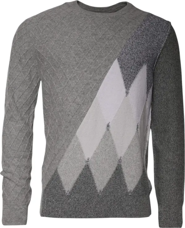 Gray Cashmere Argyle Intarsia Knit Crew Neck Sweater