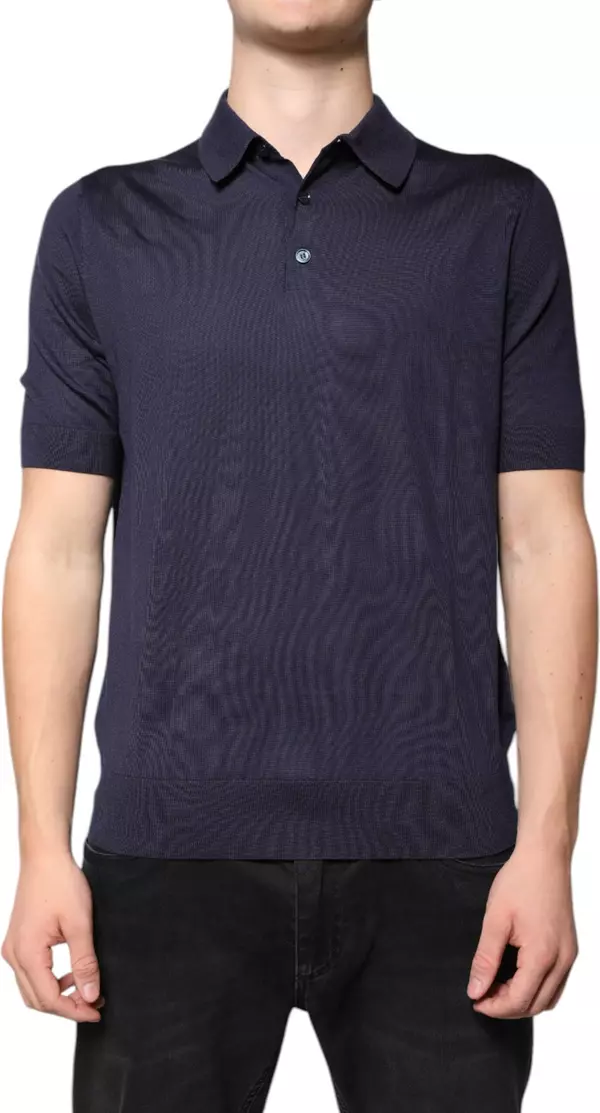 Blue Silk Collared Short Sleeves Polo T-shirt
