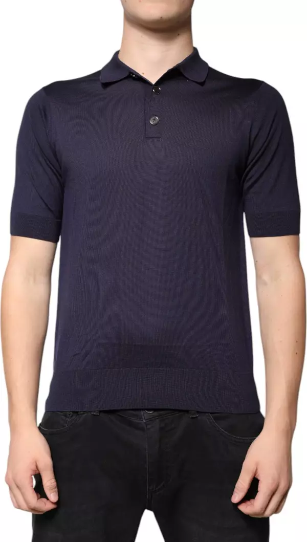 Blue Silk Collared Short Sleeves Polo T-shirt