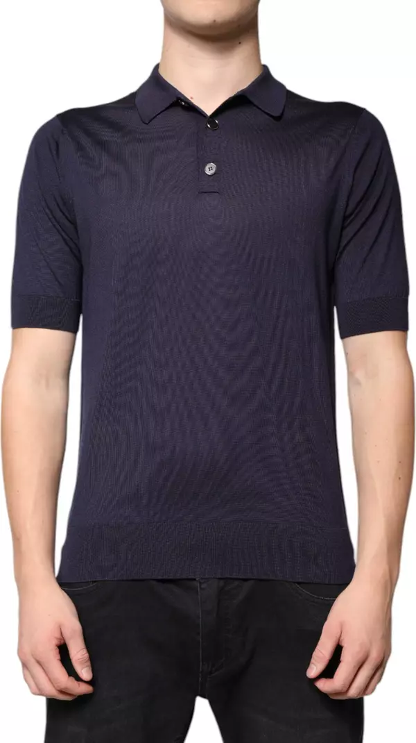 Blue Silk Collared Short Sleeves Polo T-shirt