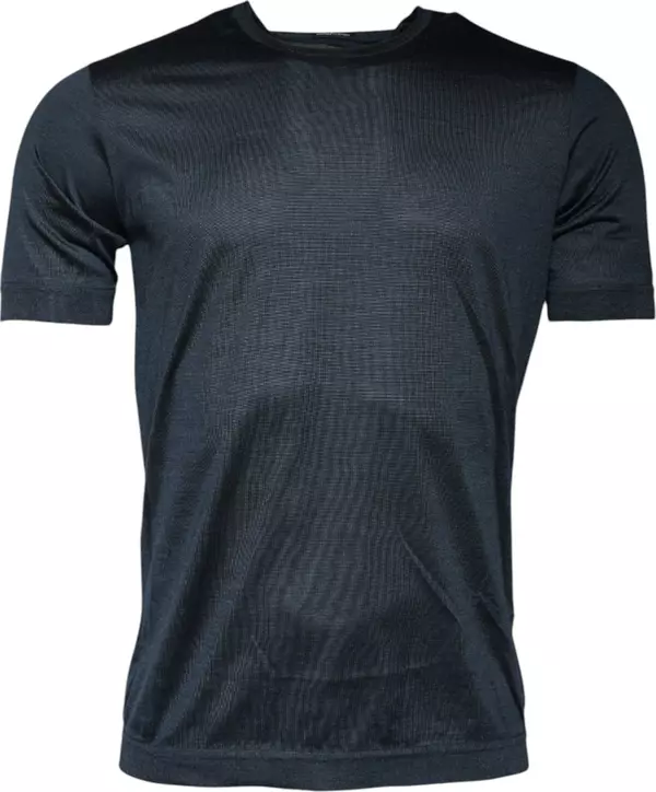 Dark Blue Silk Crew Neck Short Sleeve T-shirt
