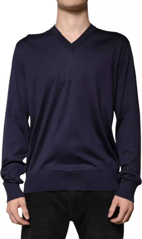 Navy Blue Silk V-neck Pullover Sweater