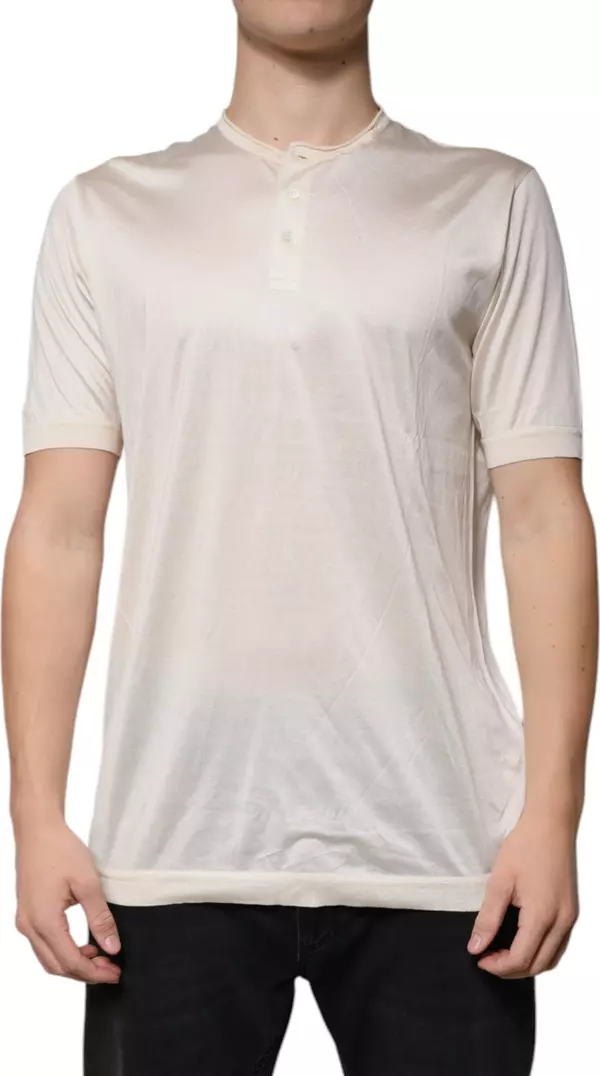 Off White Silk Crew Neck Henley T-shirt