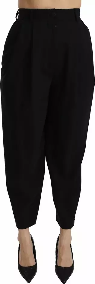 Black Wool High Waist Pleat Front Cropped Pants