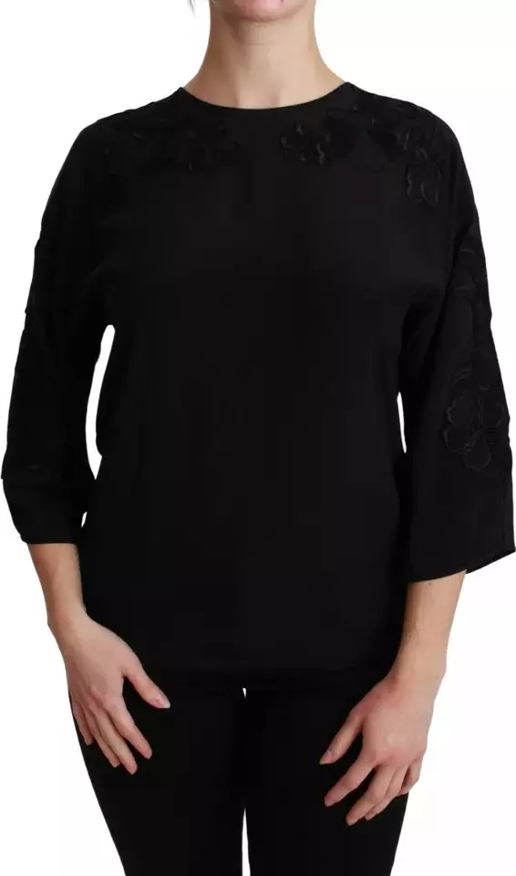 Black Floral Embroidered Blouse Silk Top