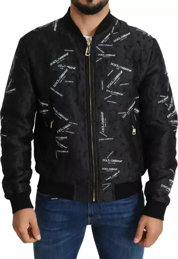 Black Logo Patch Brocade Bomber Full Zip Jacket