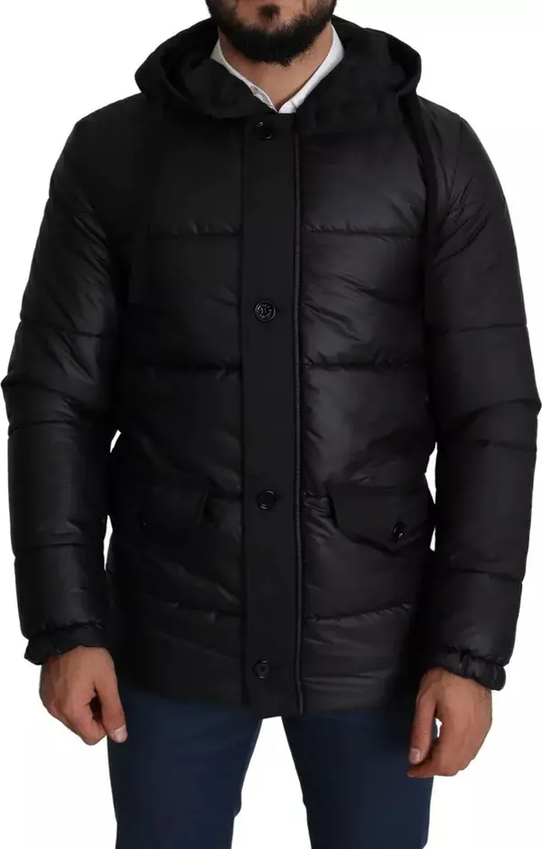Black Hooded Polyester Men Coat Puffer Jacket