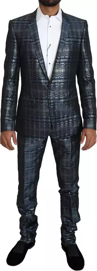 Blue Silver Shiny 2 Piece Slim GOLD Suit