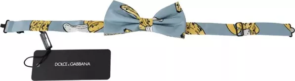 Light Blue Banana Print Silk Men Neck Bow Tie