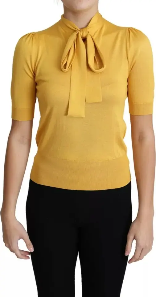 Yellow Silk Knit Pullover Ascot Collar Top