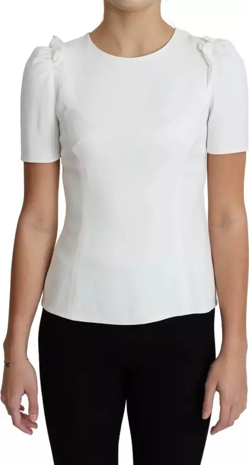 White Viscose Stretch Short Sleeves Blouse Top
