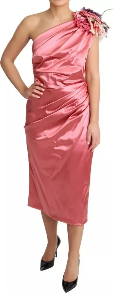 Pink Draped Midi Flower Applique Dress