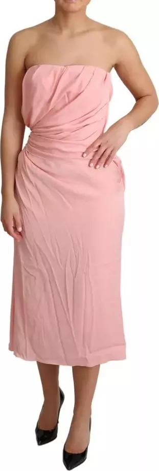 Pink Silk Stretch Strapless Sheath Midi Dress