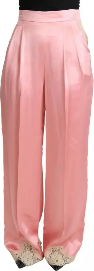 Pink Lace Trimmed Silk Satin Wide Legs Pants
