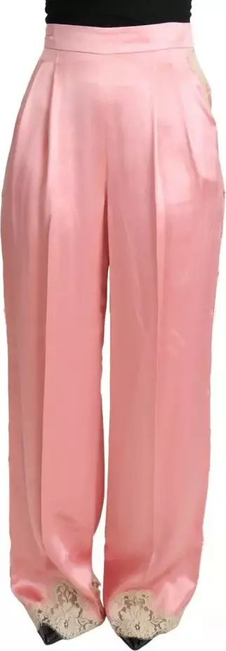 Pink Lace Trimmed Silk Satin Wide Legs Pants