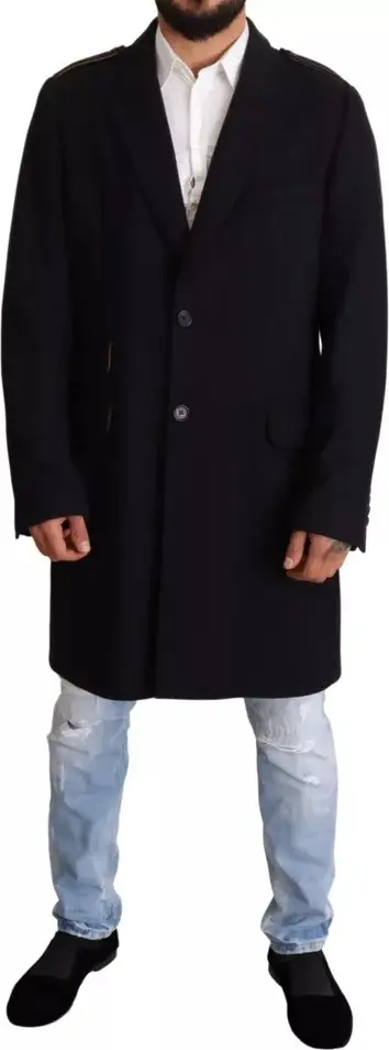 Blue Trench Coat Long Wool Stretch Jacket