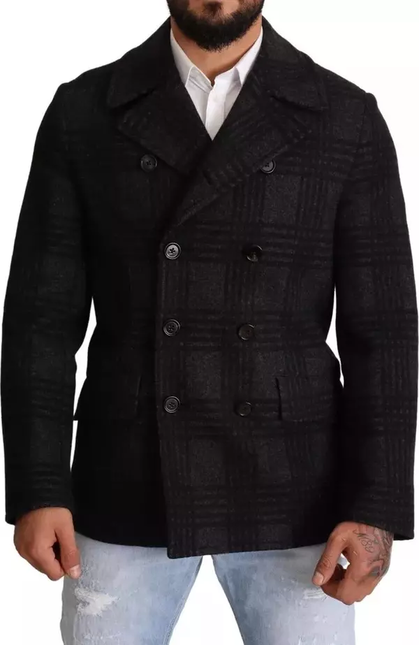 Black Trench Coat Check Wool Jacket