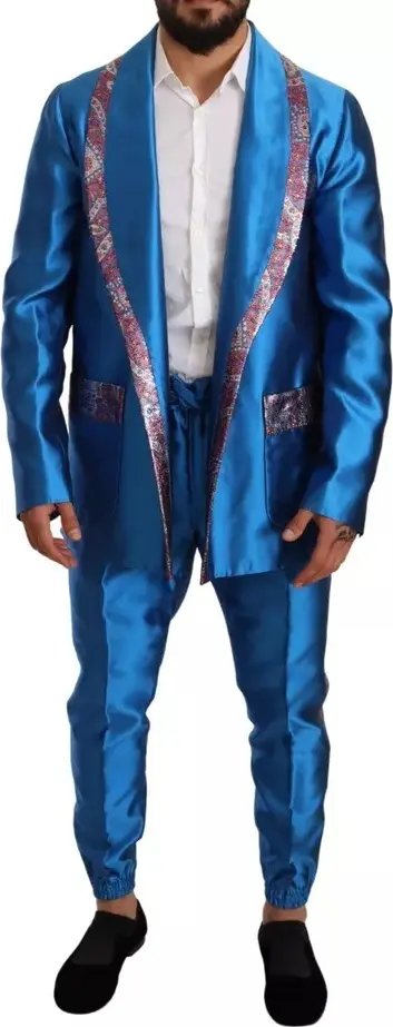 Blue Jacquard Silk Formal 2 Piece Set Suit