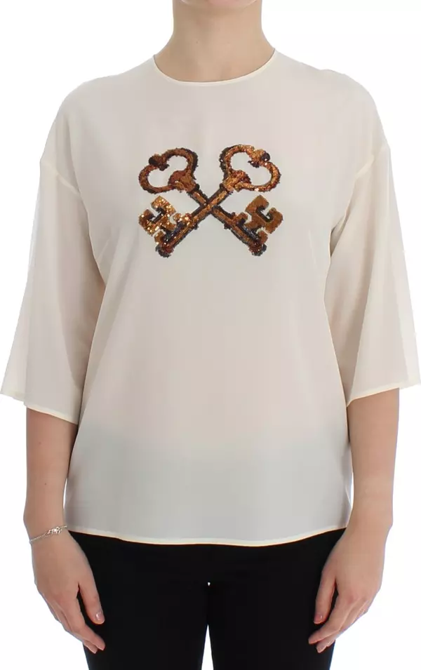 White Sequined Key Silk Blouse T-shirt Top