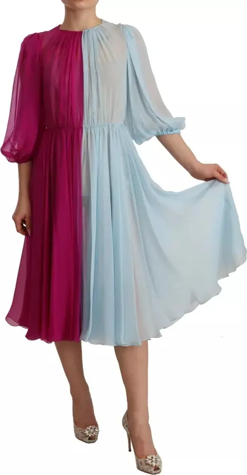 Fuchsia Light Blue Silk Two Tone Midi Dress