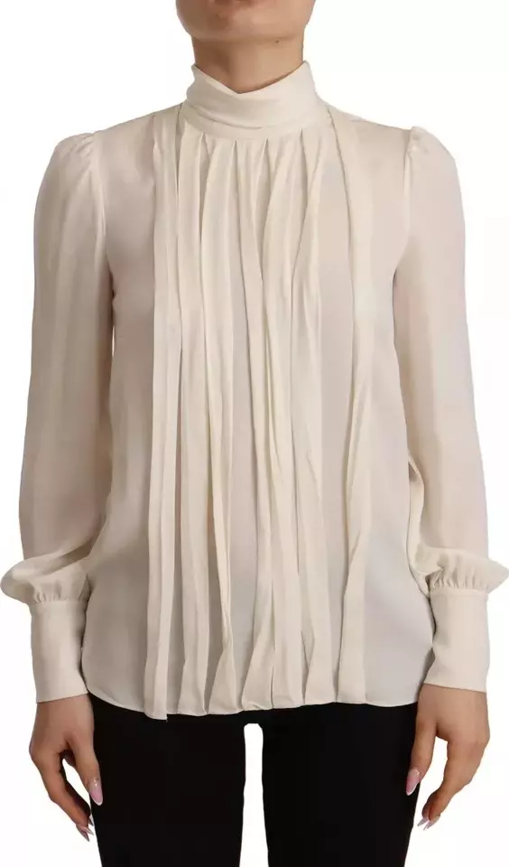 Off White Silk Long Sleeve Turtle Neck Top