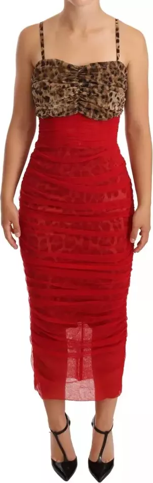Brown Leopard Red Tulle Sheath Midi Dress