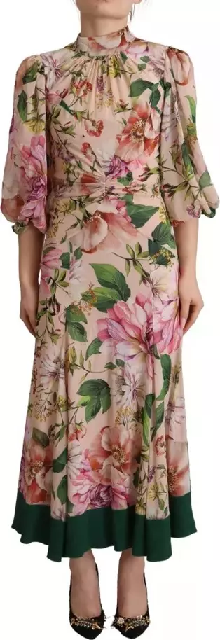 Pink A-line Sheath Floral Pussy Bow Long Dress