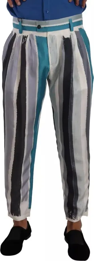 Blue Striped Silk Tapered Pants