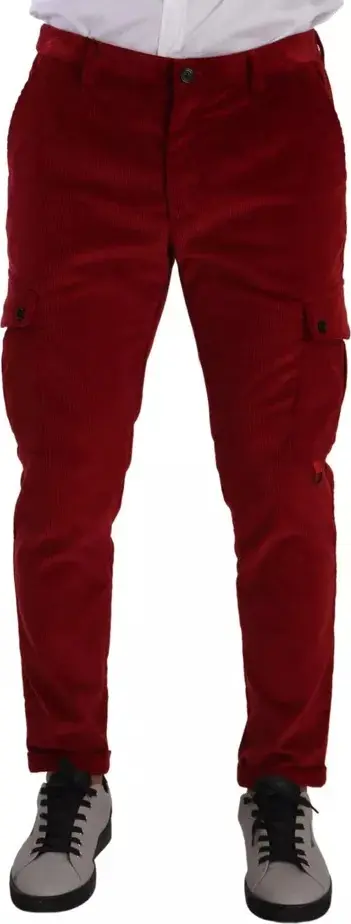 Red Corduroy Cotton Cargo Skinny Pants